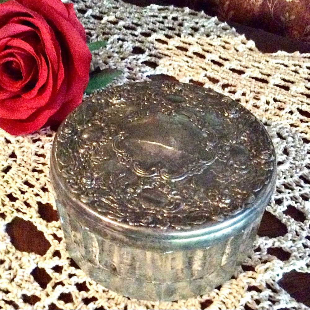 Antique heavy glass powder jar with silver? felt lined lid Lid perfect